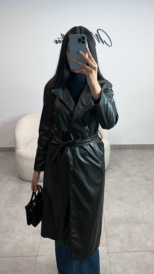 Trench long en cuir noir