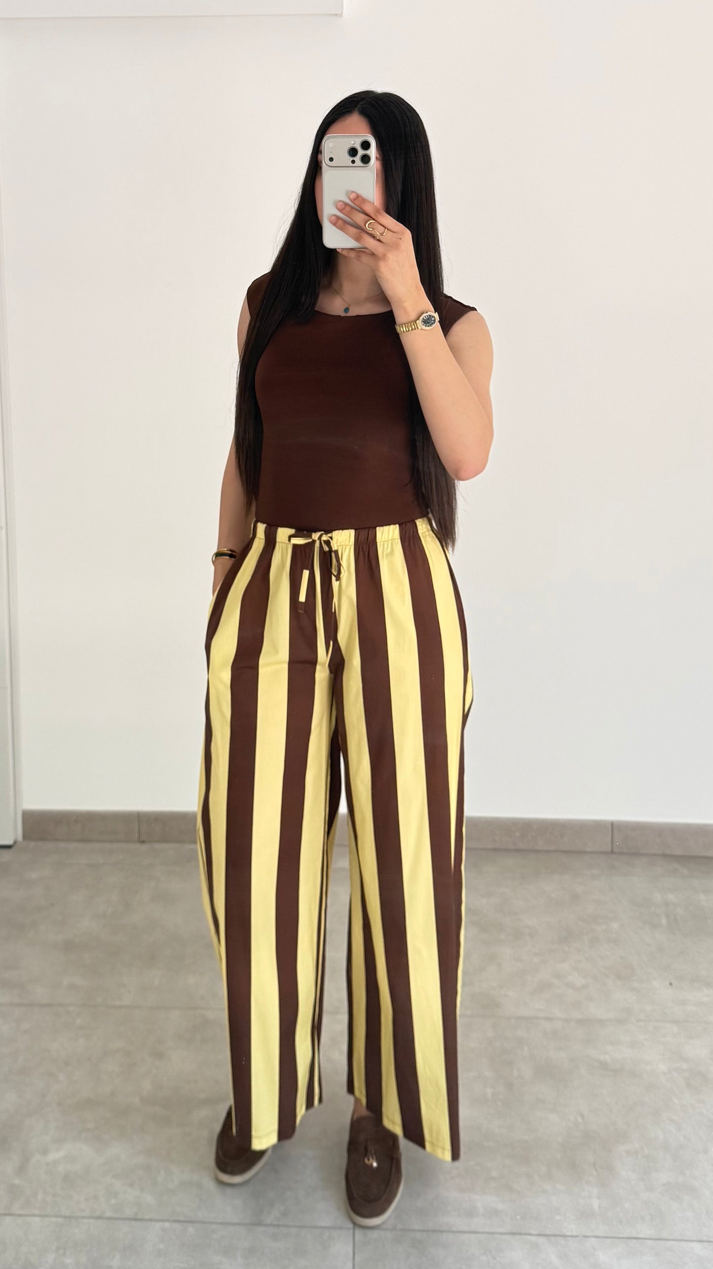 PANTALON RAYÉ MARRON/JAUNE