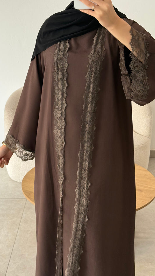 ENSEMBLE ABAYA KIMONO DENTELLE - MARRON