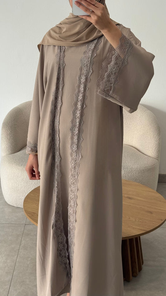 ENSEMBLE ABAYA KIMONO DENTELLE - TAUPE