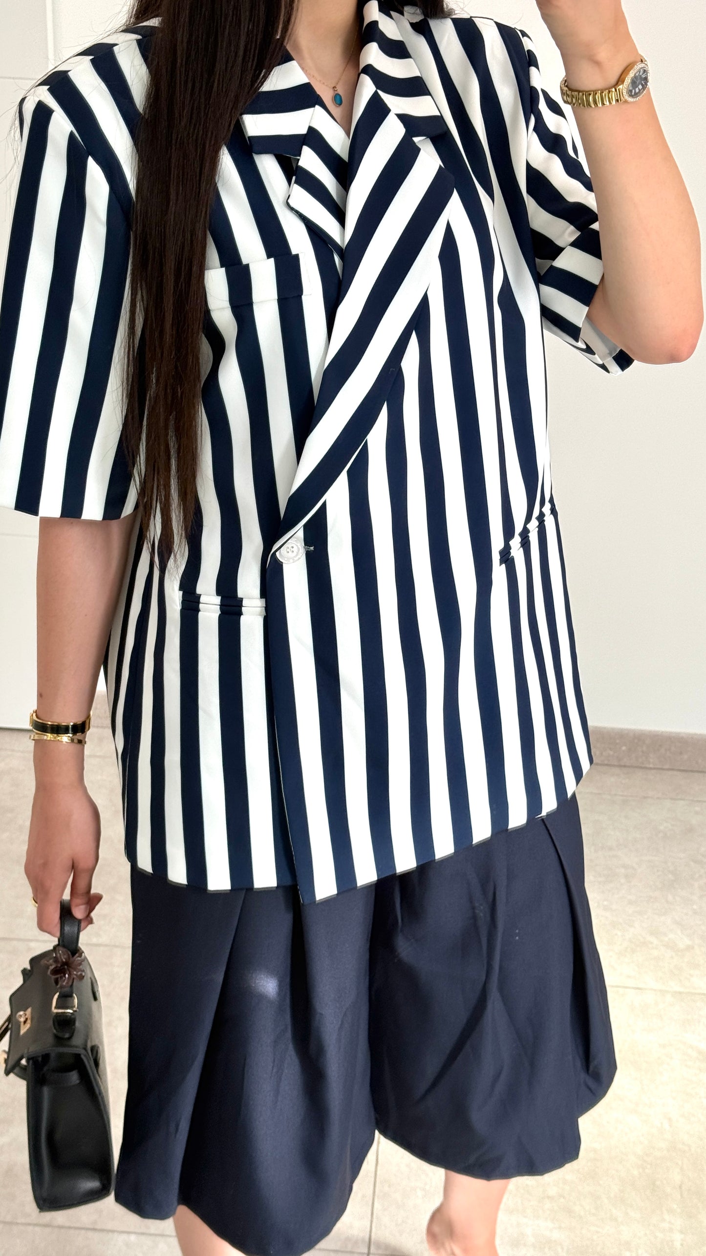 BLAZER CROISÉ OVERSIZE - RAYÉ BLEU MARINE
