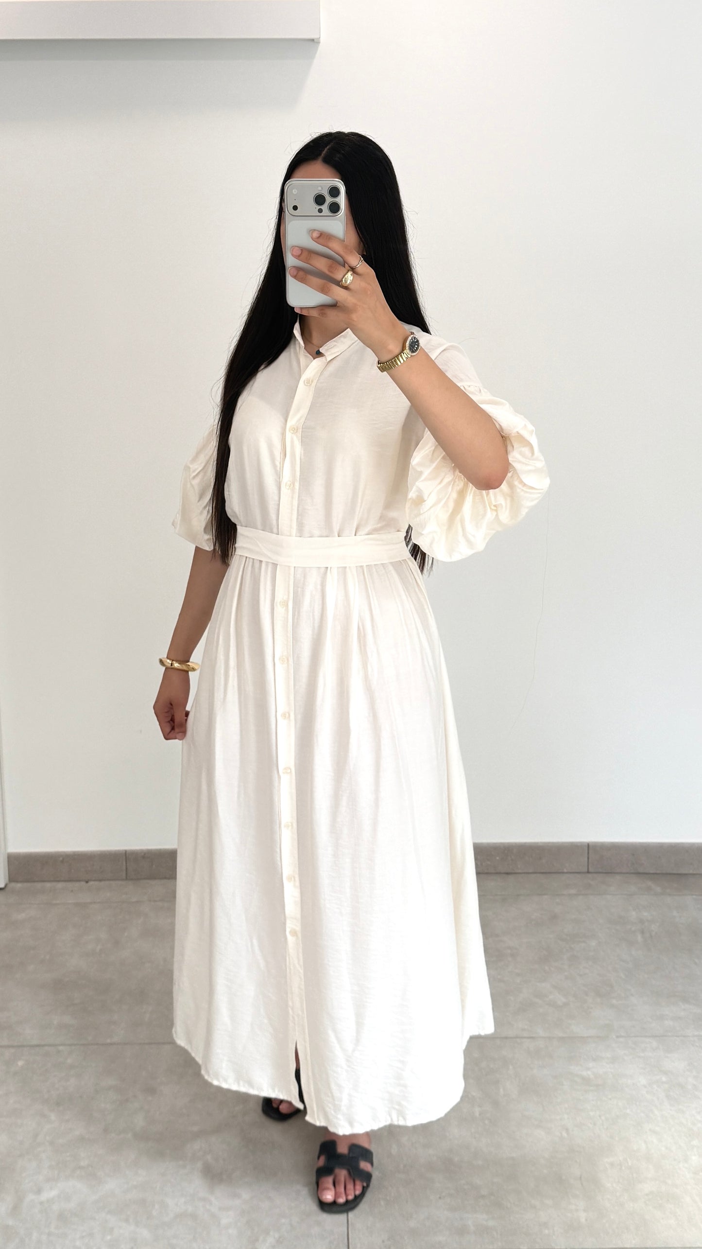 ROBE À MANCHES BOUFFANTES - BEIGE