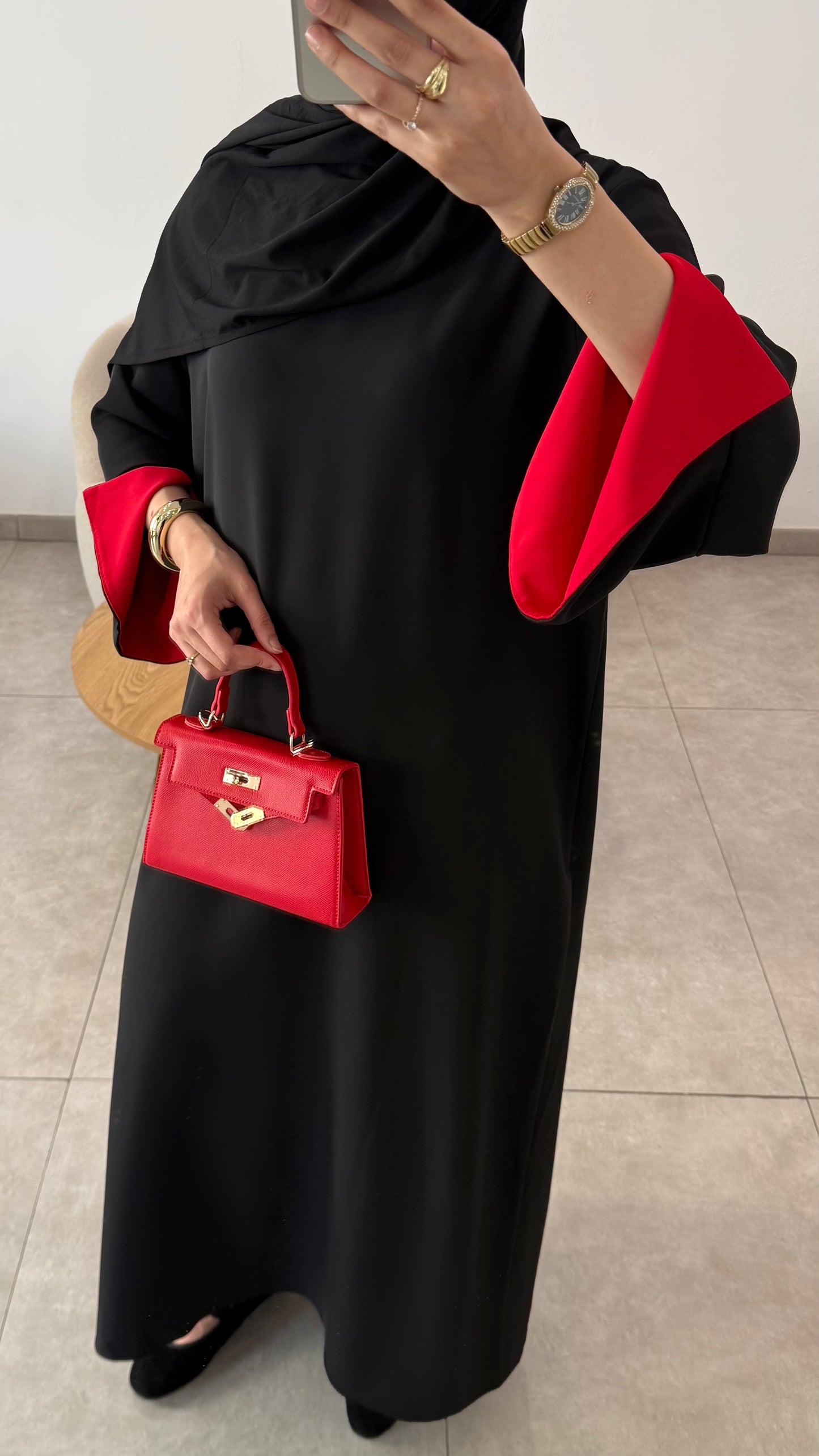 BLACK ABAYA WITH RED DETAILS