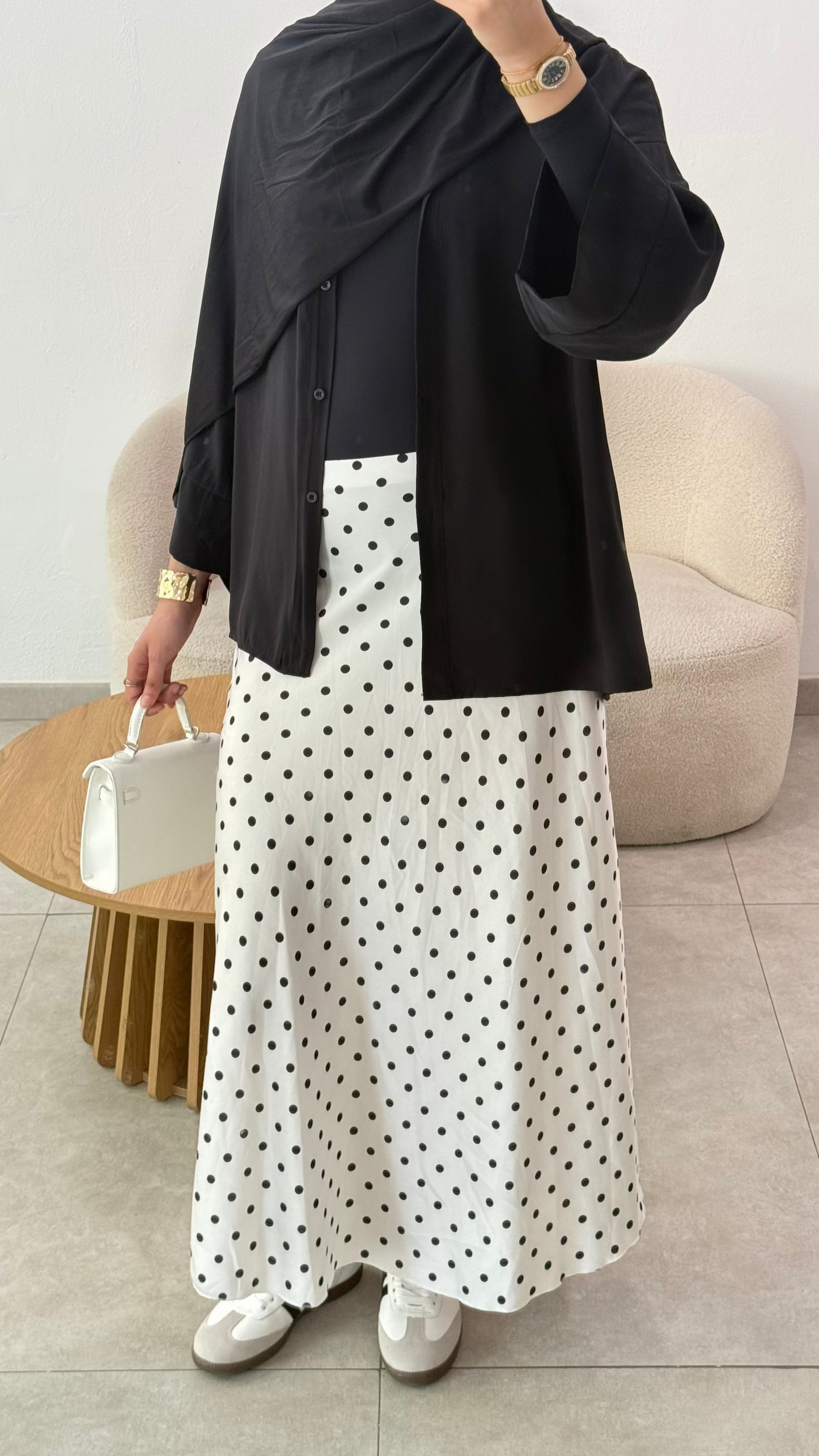 JUPE EN SATIN À POIS - BLANC