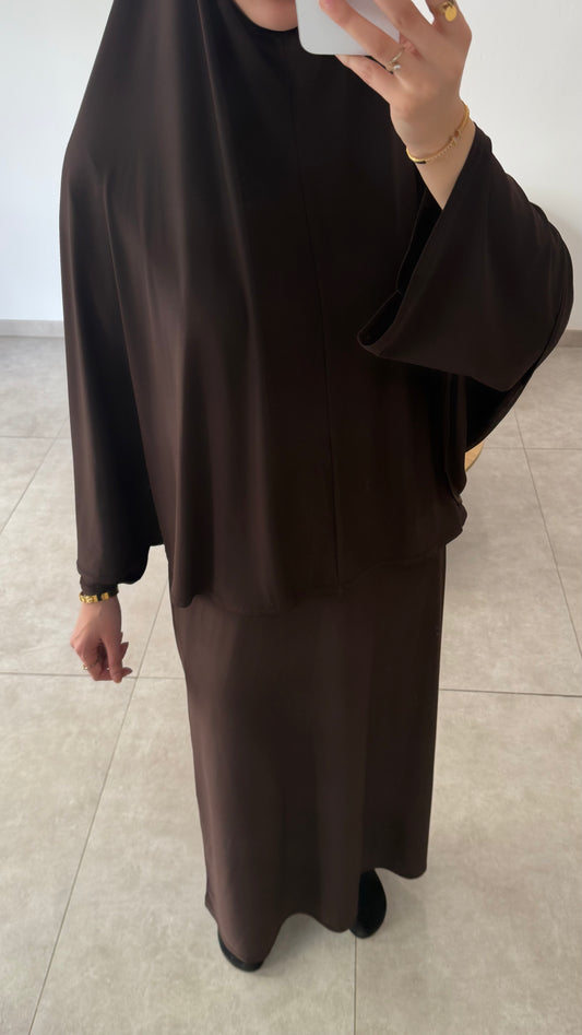 SET ABAYA KHIMAR JERSEY PREMIUM DE LUXE MARRON