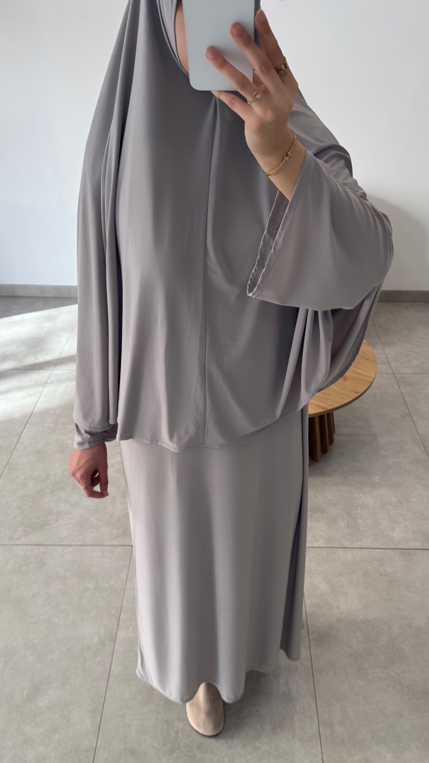 SET ABAYA KHIMAR JERSEY PREMIUM DE LUXE GRIS