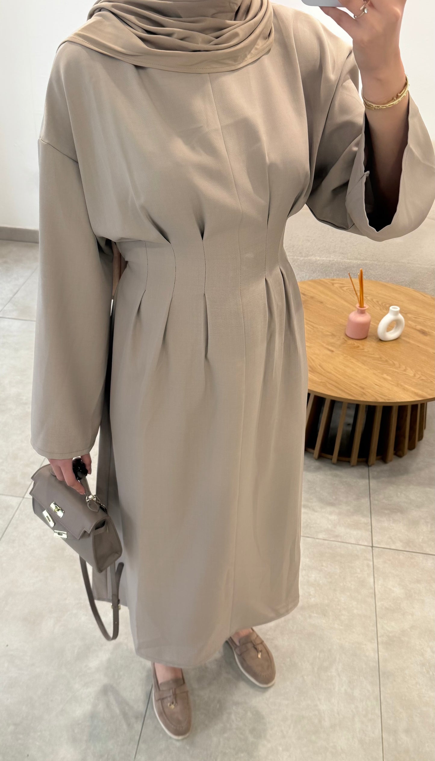 Loose-fitting belted taupe dress
