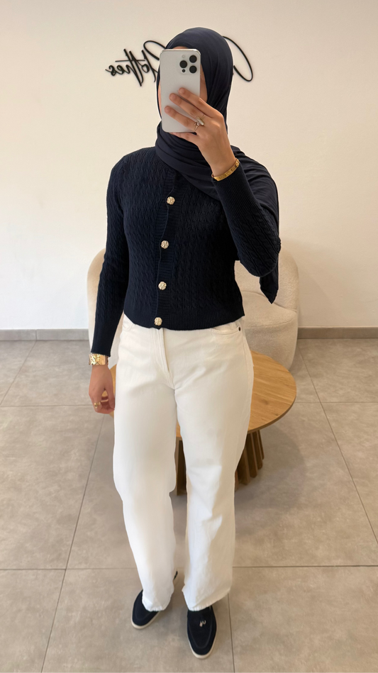 GILET EN MAILLE À BOUTON DORÉ - BLEU MARINE