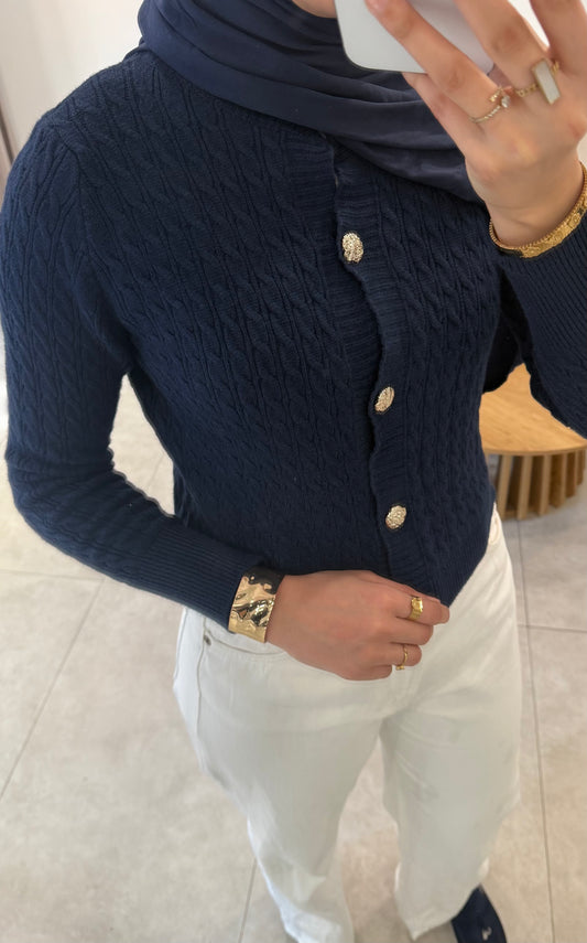 GILET EN MAILLE À BOUTON DORÉ - BLEU MARINE