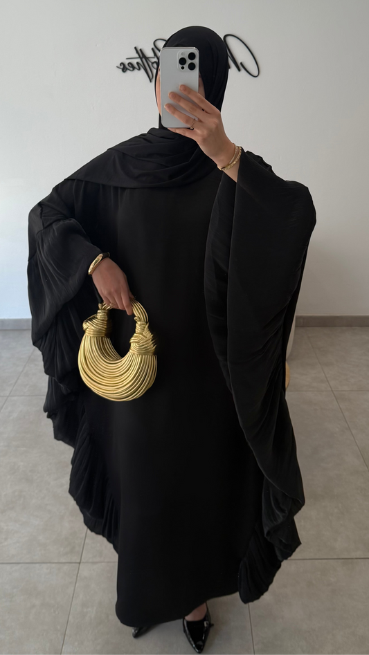 ABAYA EN SATIN AVEC VOLANT - NOIR