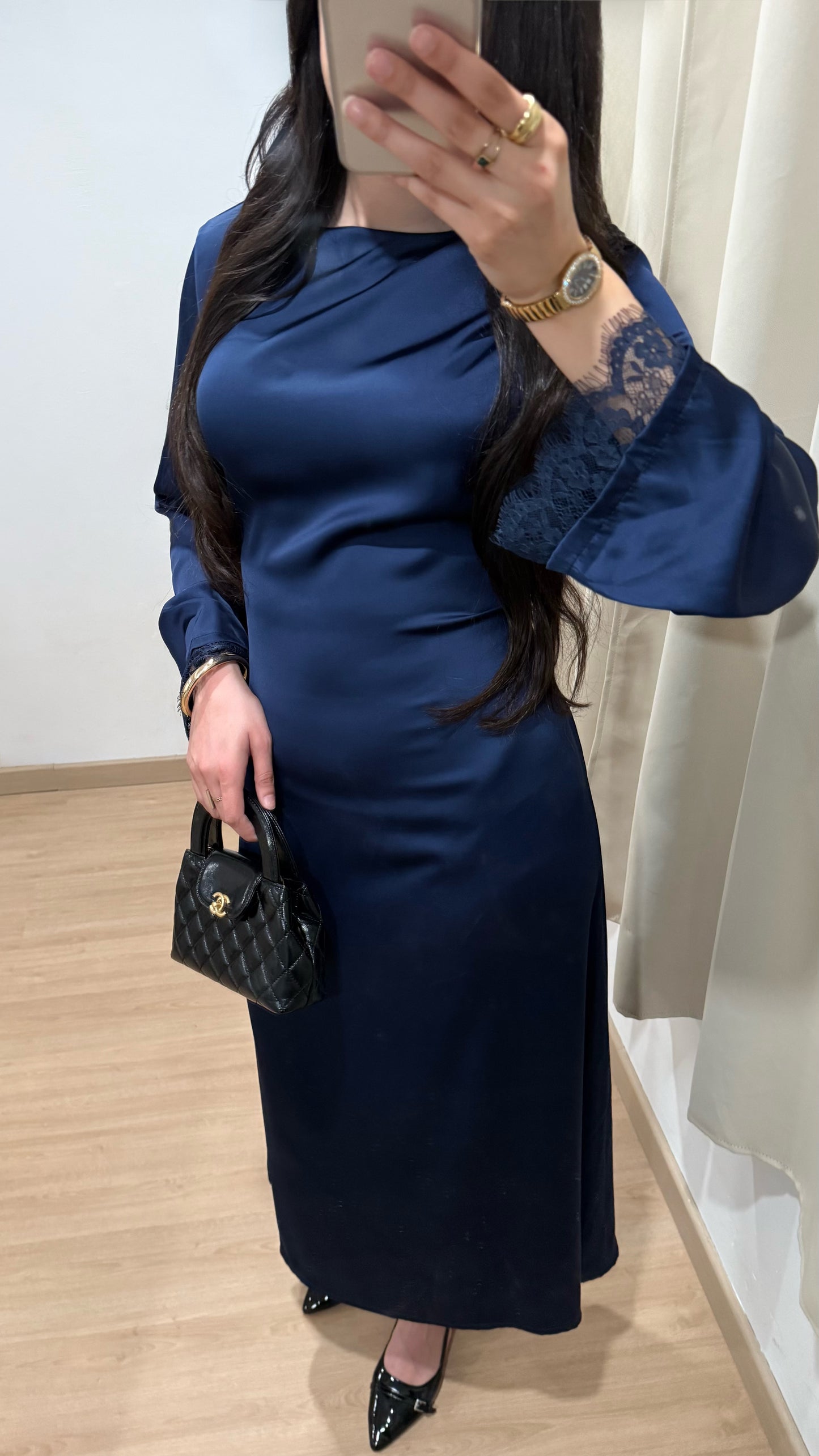 ROBE AVEC MANCHES EN DENTELLE - BLEU MARINE