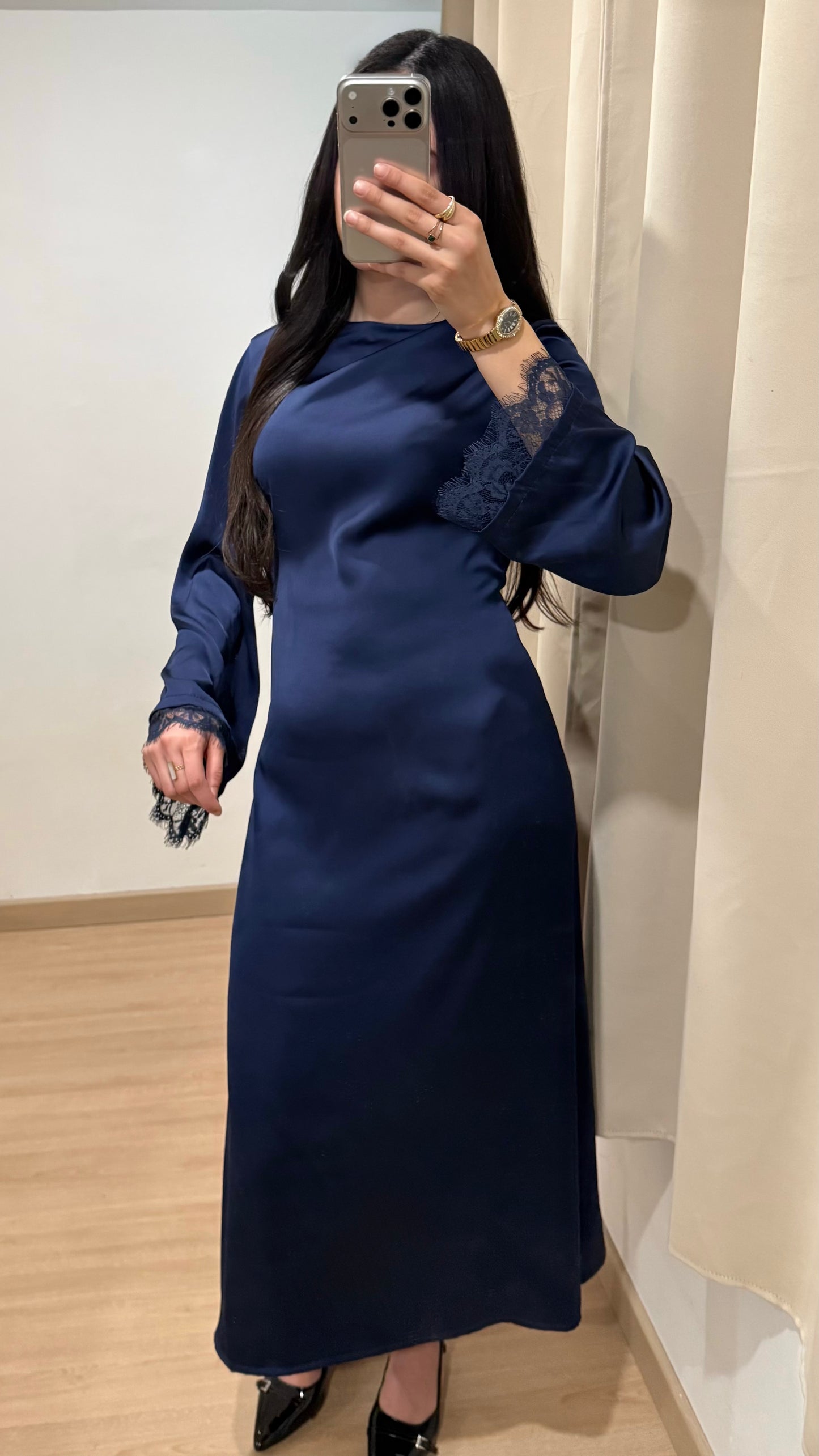 ROBE AVEC MANCHES EN DENTELLE - BLEU MARINE