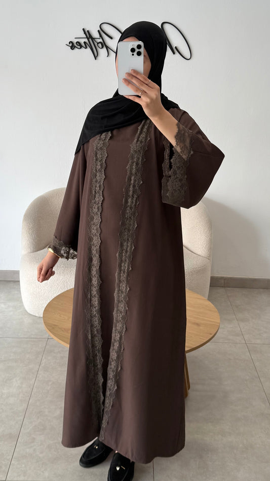 ENSEMBLE ABAYA KIMONO DENTELLE - MARRON
