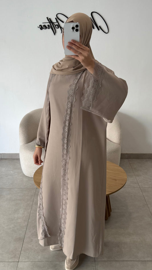 ENSEMBLE ABAYA KIMONO DENTELLE - TAUPE