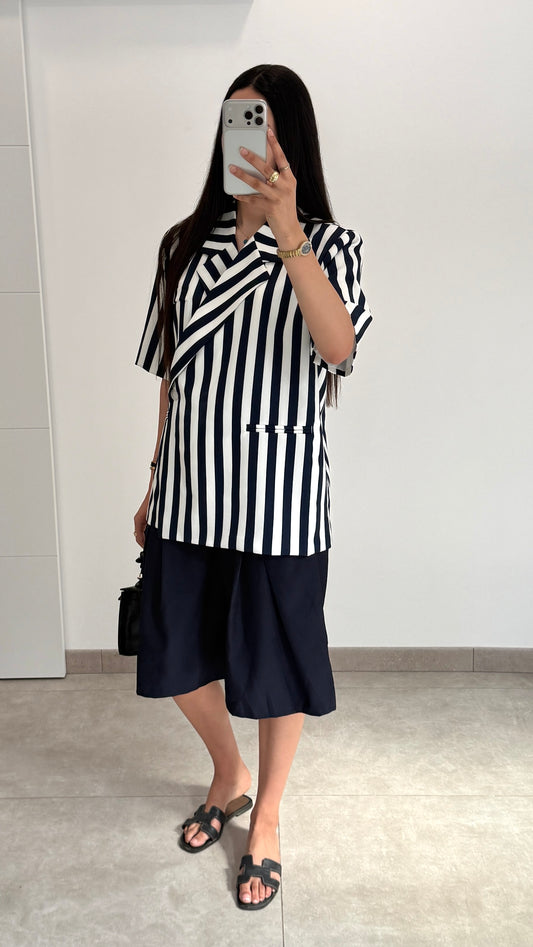 BLAZER CROISÉ OVERSIZE - RAYÉ BLEU MARINE