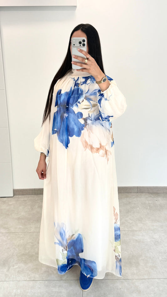 ROBE LONGUE AVEC FLEUR - BLEU