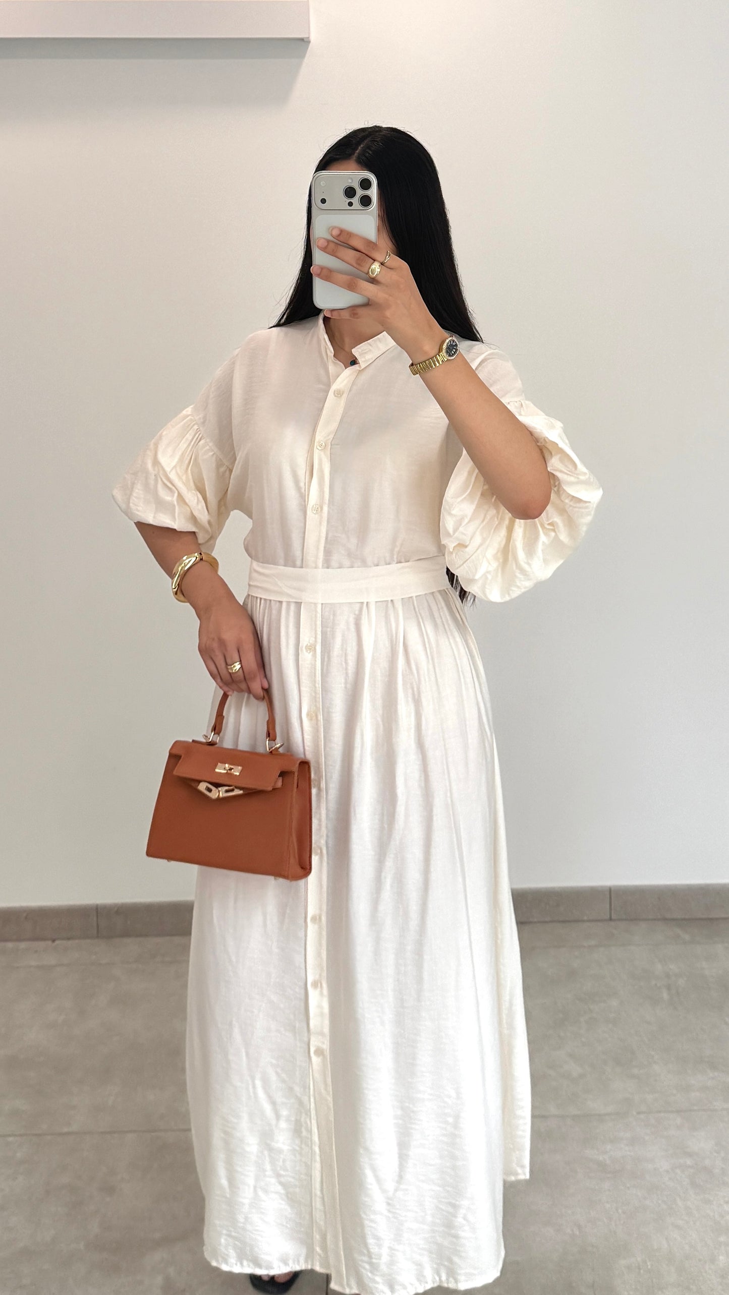 ROBE À MANCHES BOUFFANTES - BEIGE