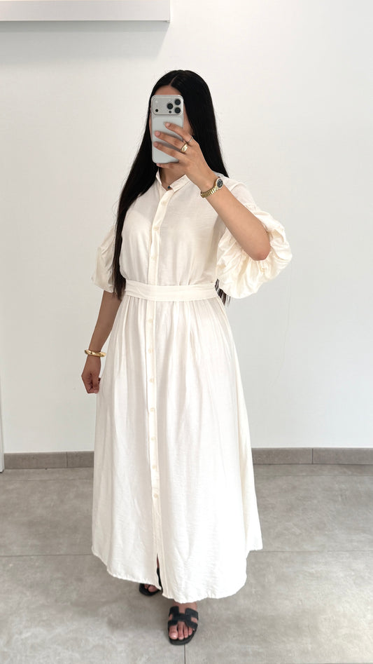 VESTIDO CON MANGAS ABULLONADAS - BEIGE
