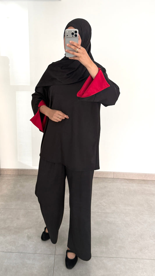 BURKINI BICOLOR 3 PIEZAS - NEGRO/ROJO
