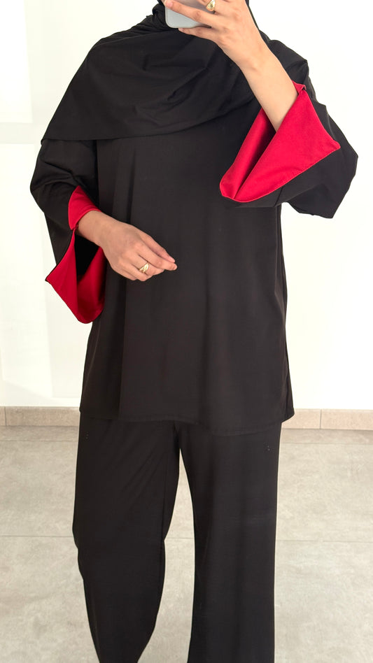 BURKINI BICOLOR 3 PIEZAS - NEGRO/ROJO