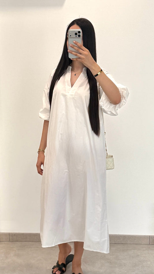 VESTIDO LISO CON MANGAS ABULLONADAS - BLANCO