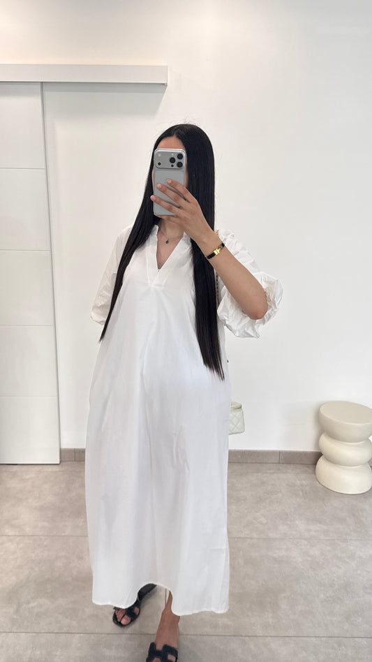 VESTIDO LISO CON MANGAS ABULLONADAS - BLANCO