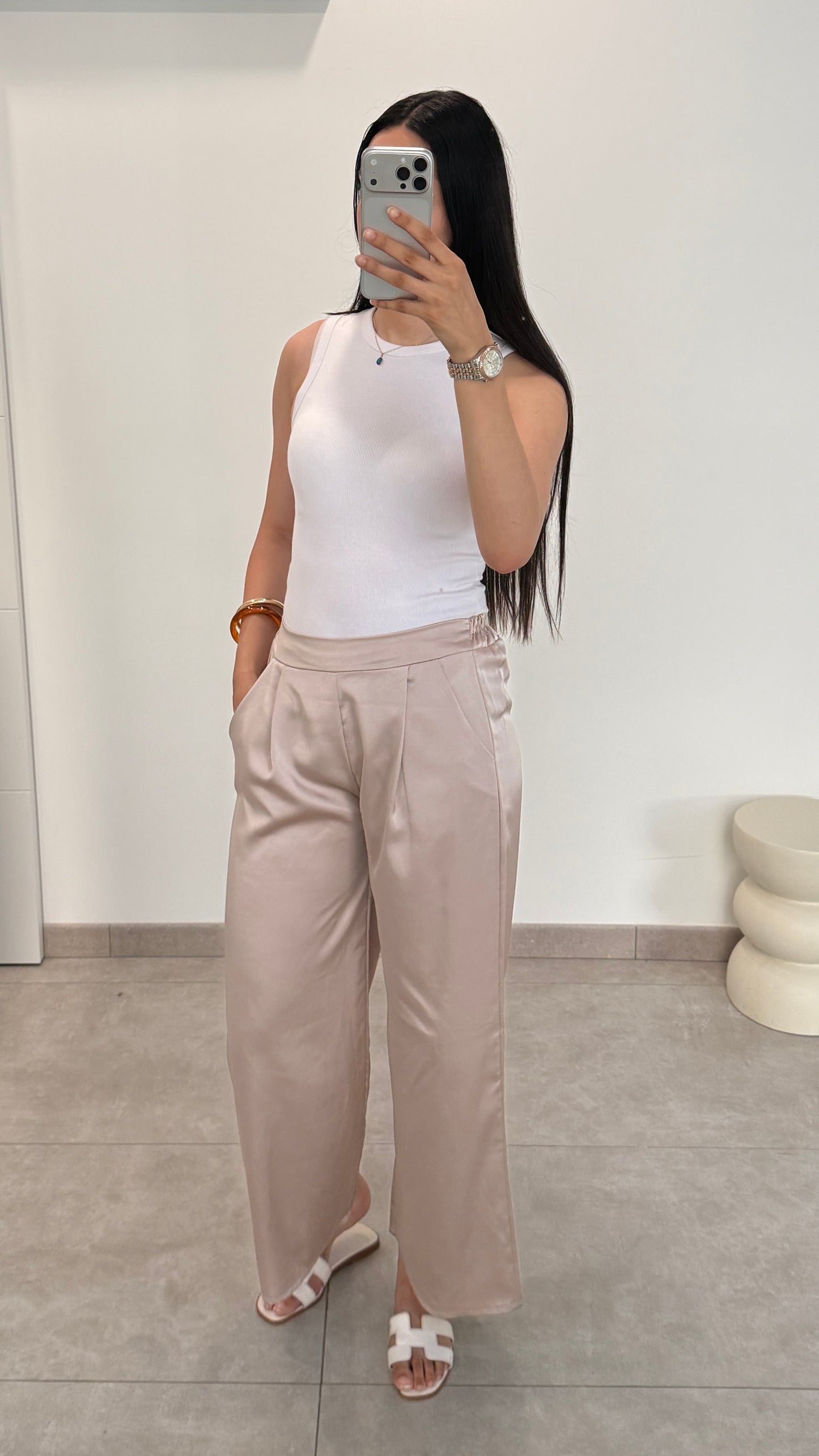 PANTALON EN SATIN - BEIGE