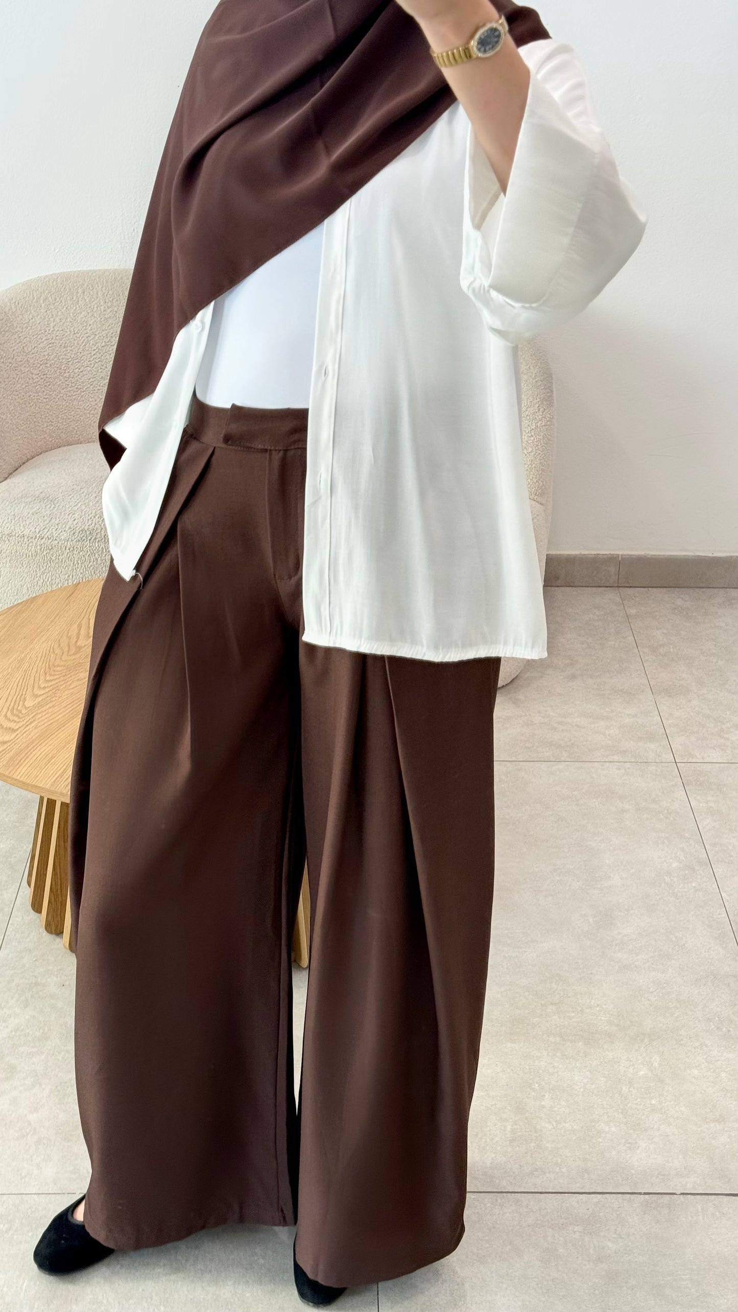 PANTALON BALLON À PLIS - MARRON