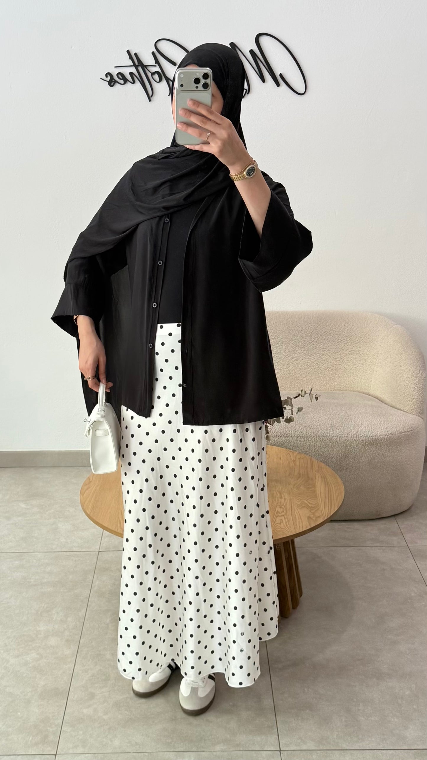 JUPE EN SATIN À POIS - BLANC
