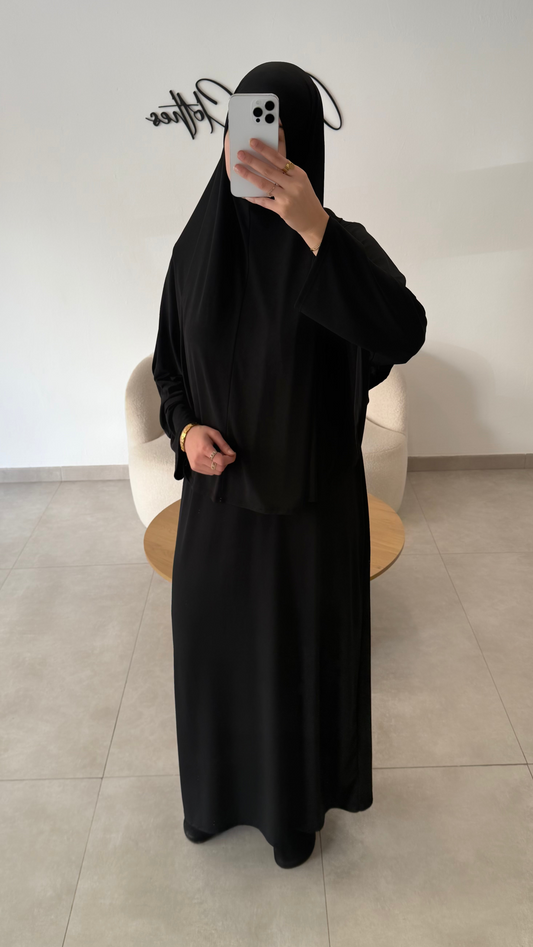 SET ABAYA KHIMAR JERSEY PREMIUM DE LUXE NOIR