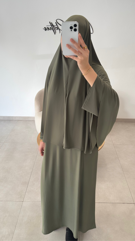 SET ABAYA KHIMAR JERSEY PREMIUM DE LUXE KAKI