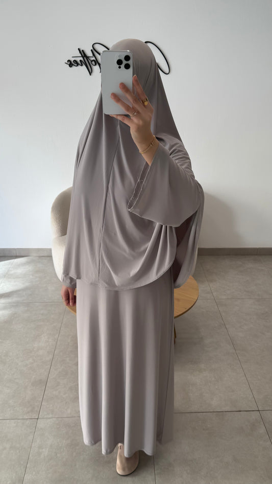 SET ABAYA KHIMAR JERSEY PREMIUM DE LUXE GRIS